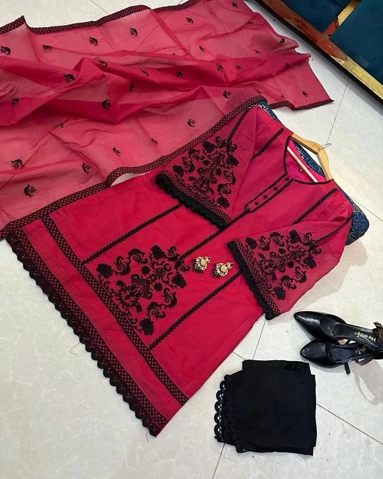 Embroidered Organza 3PC Stitched Suit with Lace Sleeves & Cotton Trouser – Ready to Wear