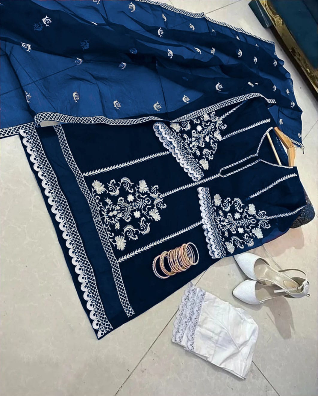 Embroidered Organza 3PC Stitched Suit with Lace Sleeves & Cotton Trouser – Ready to Wear