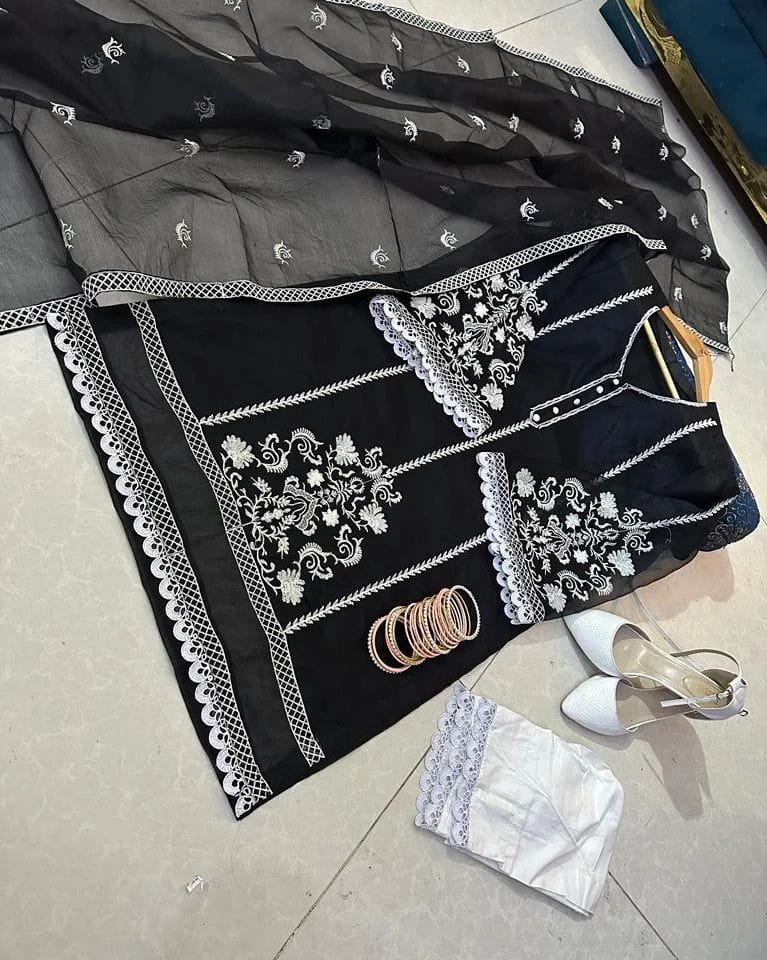 Embroidered Organza 3PC Stitched Suit with Lace Sleeves & Cotton Trouser – Ready to Wear