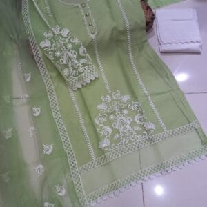Embroidered Organza 3PC Stitched Suit with Lace Sleeves & Cotton Trouser – Ready to Wear