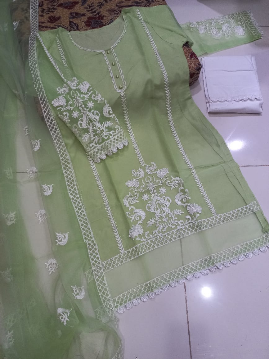 Embroidered Organza 3PC Stitched Suit with Lace Sleeves & Cotton Trouser – Ready to Wear