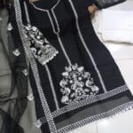 Embroidered Organza 3PC Stitched Suit with Lace Sleeves & Cotton Trouser – Ready to Wear