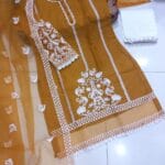 Embroidered Organza 3PC Stitched Suit with Lace Sleeves & Cotton Trouser – Ready to Wear