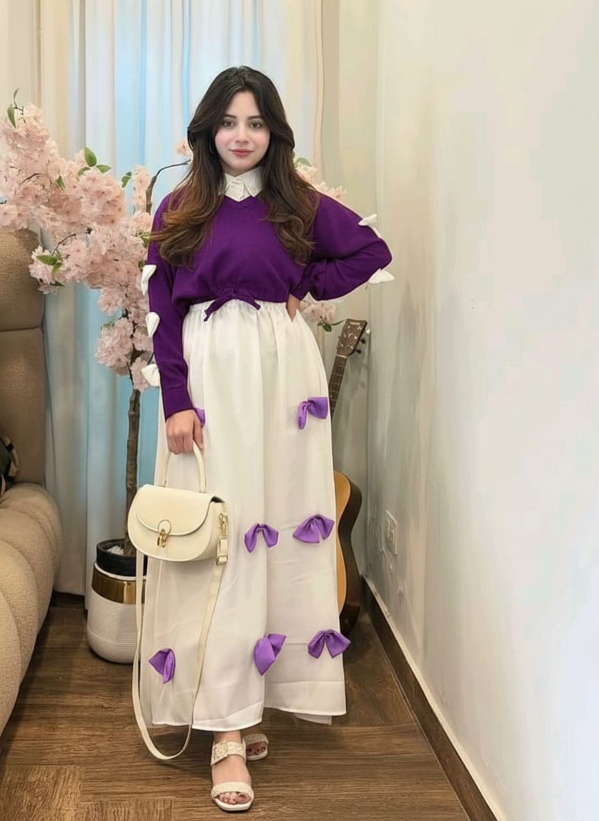 Bow Attached Maxi Frock with Top – 2PC Georgette Dress