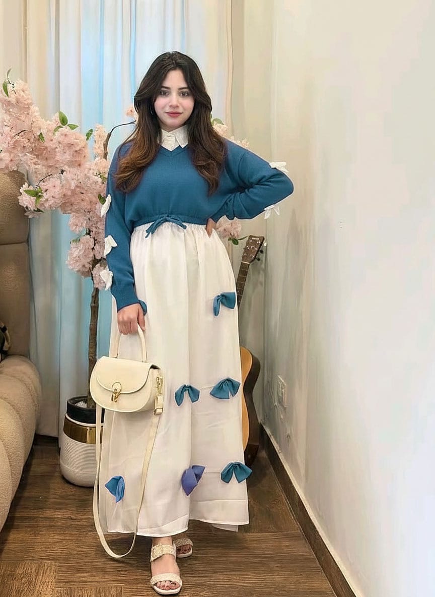 Bow Attached Maxi Frock with Top – 2PC Georgette Dress