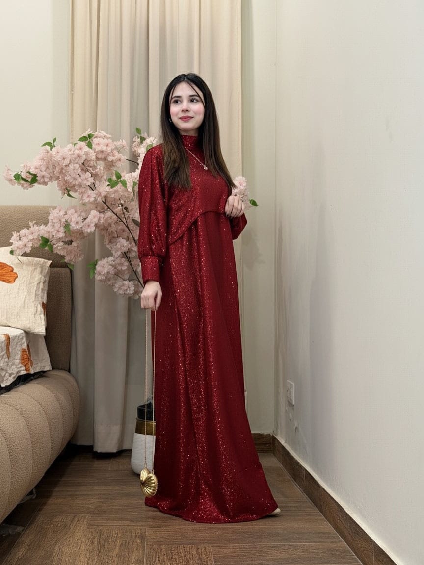 Elegant Moonlight Glitter Maxi 2PC Dress with Cap – Premium Imported Fabric | Pakistan