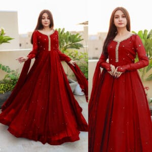 Luxury Embroidered Pearl Long Maxi 3PC with Chiffon Lace Dupatta – Elegant Party Wear in Pakistan